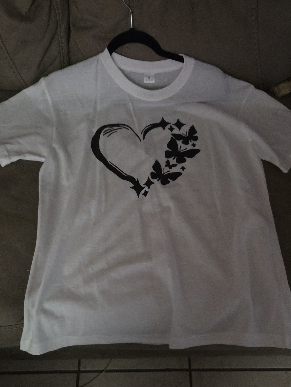 T-Shirt White with Black Heart & Butterflies NWOT